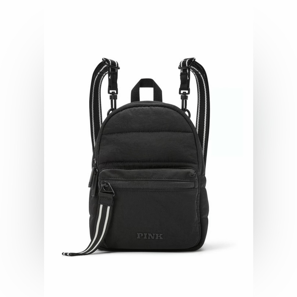 PINK Victoria's‎ Secret Black Quilted Mini Backpack with Striped Straps